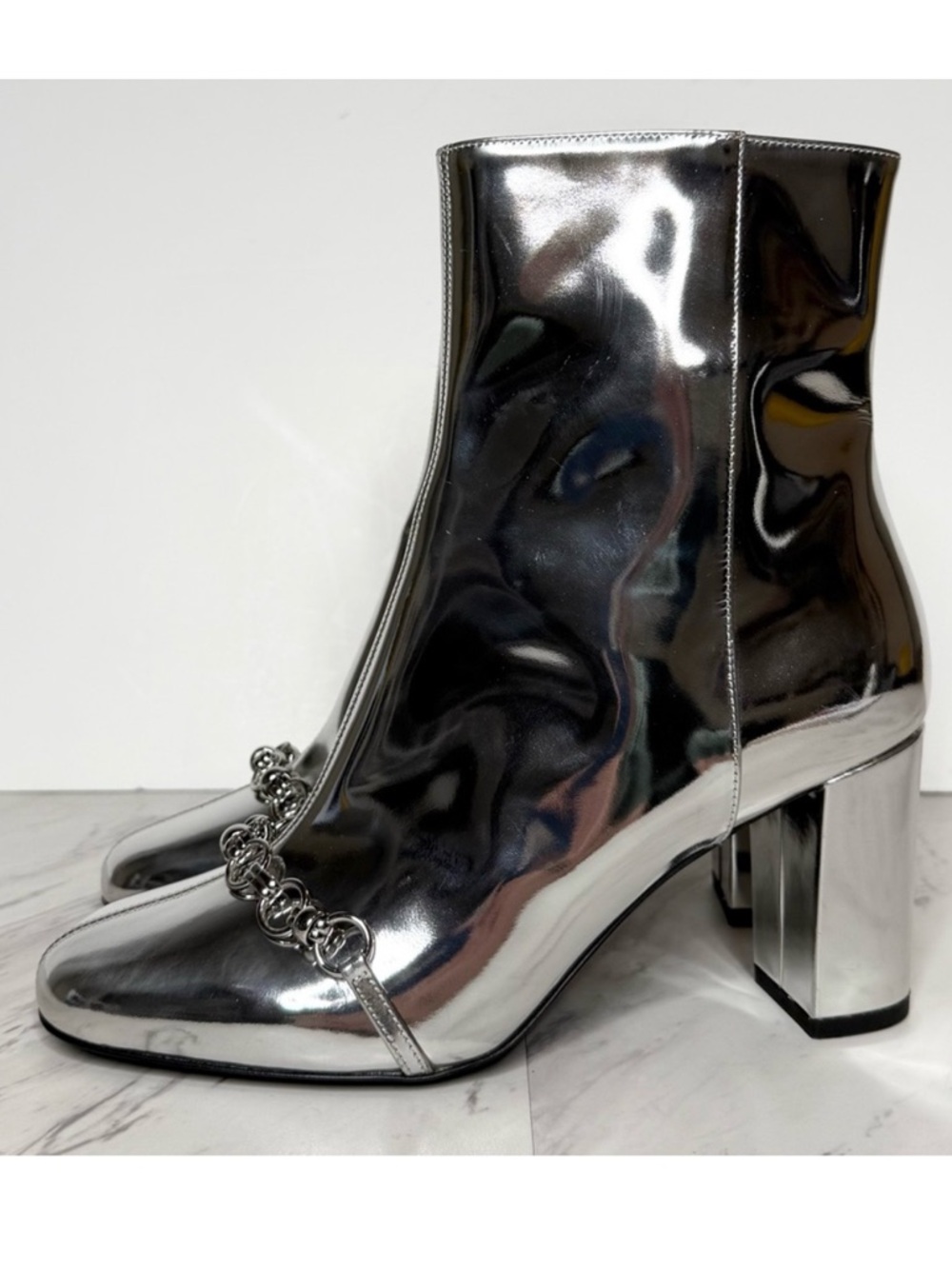 Longchamp Silver Heeled Chain Bootie 39
